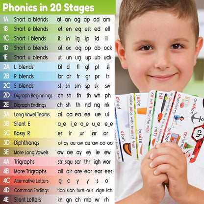 Phonics Flash Cards - Learn to Read in 20 Stages - Digraphs CVC Blends Long Vowel Sounds