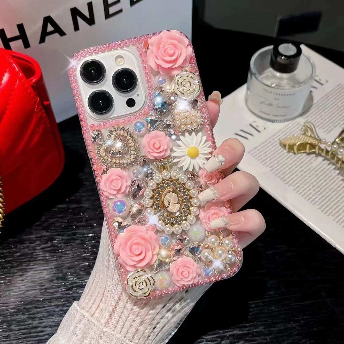 Handmade customized rose pearl phone case