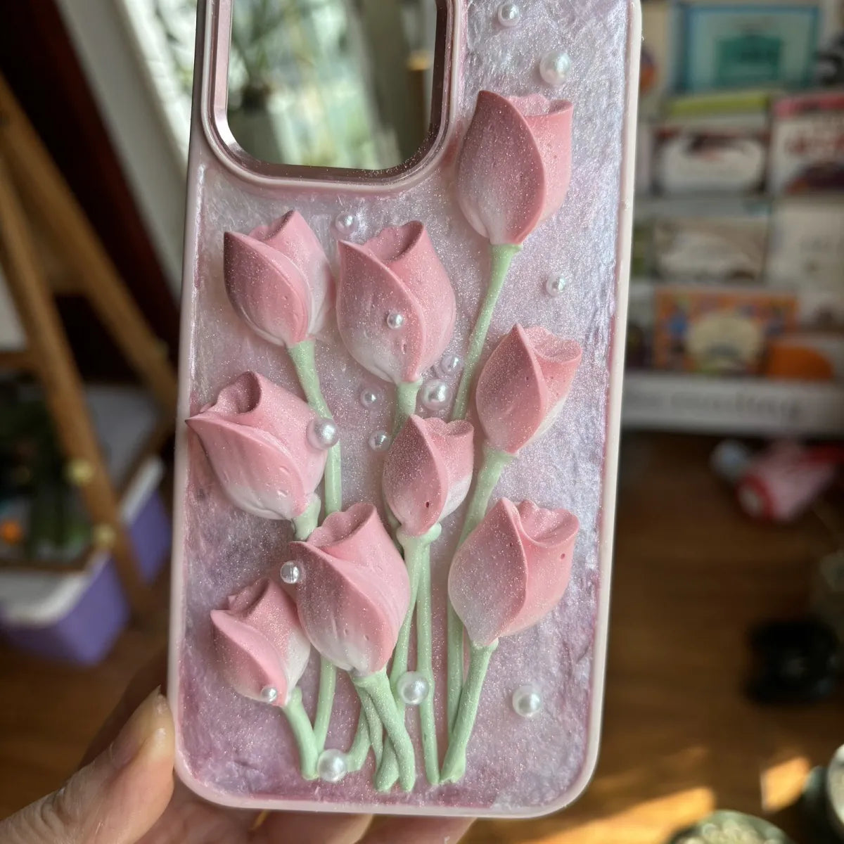 Customized 3D camellia/tulip flower cream glue phone case